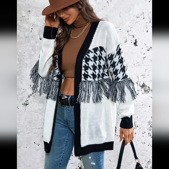 SHEIN Sweaters - Houndstooth Fringe Cardigan